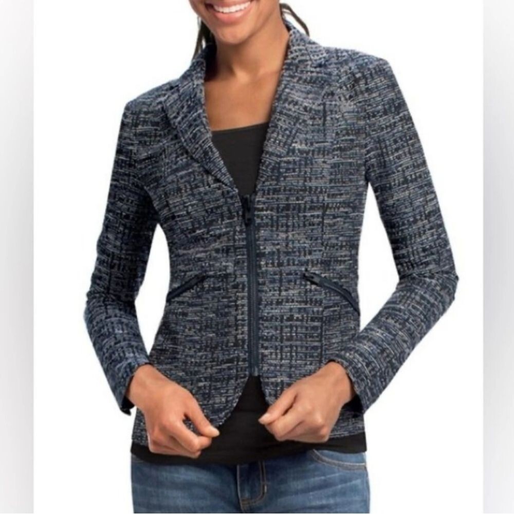 Cabi Women's Gray Black Blue White Tweed Zip-Up Modern Blazer Suit Jacket 6